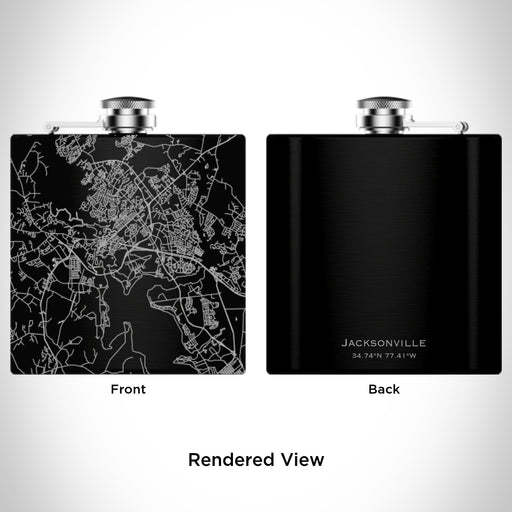 Rendered View of Jacksonville North Carolina Map Engraving on 6oz Stainless Steel Flask in Black