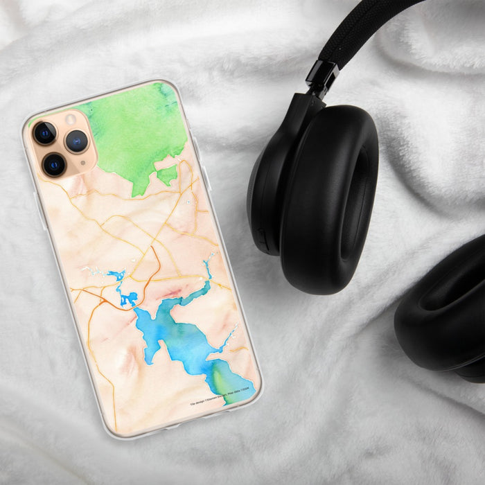 Custom Jacksonville North Carolina Map Phone Case in Watercolor on Table with Black Headphones