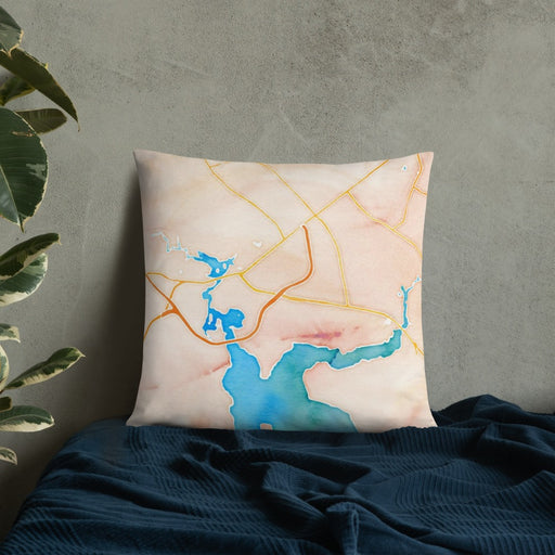 Custom Jacksonville North Carolina Map Throw Pillow in Watercolor on Bedding Against Wall