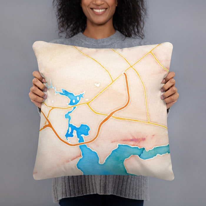 Person holding 18x18 Custom Jacksonville North Carolina Map Throw Pillow in Watercolor