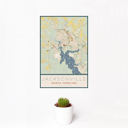 12x18 Jacksonville North Carolina Map Print Portrait Orientation in Woodblock Style With Small Cactus Plant in White Planter