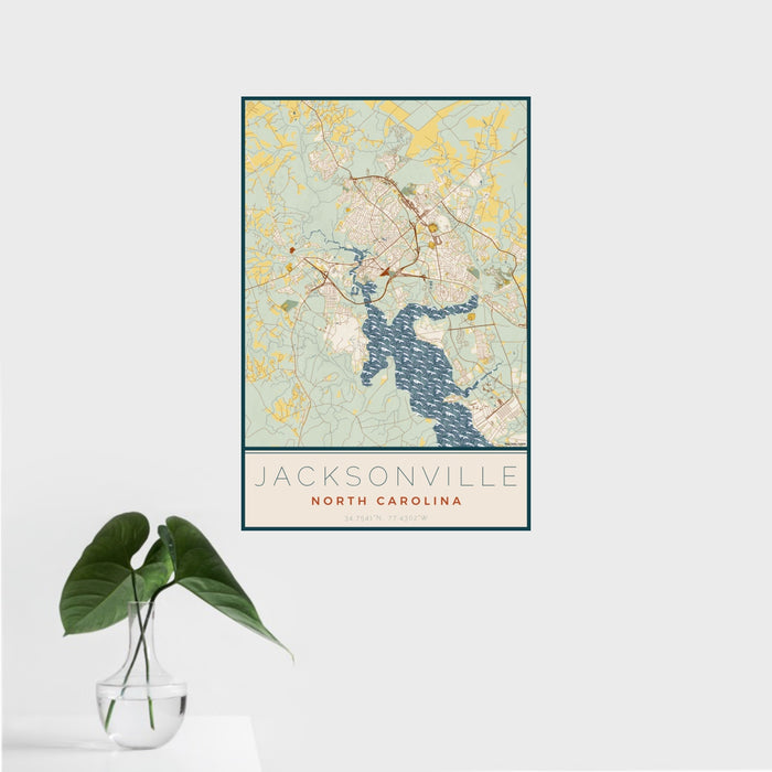 16x24 Jacksonville North Carolina Map Print Portrait Orientation in Woodblock Style With Tropical Plant Leaves in Water