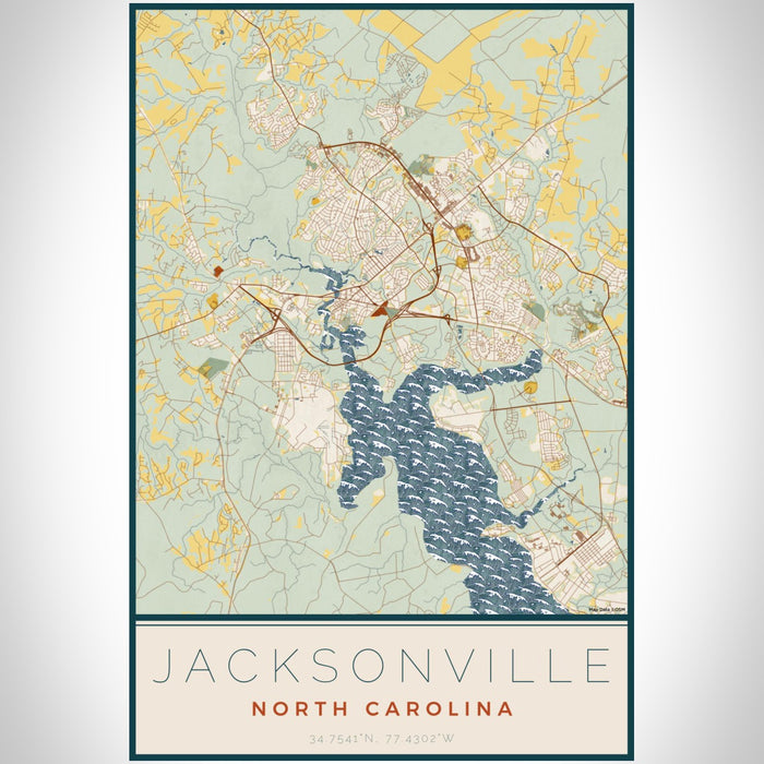 Jacksonville North Carolina Map Print Portrait Orientation in Woodblock Style With Shaded Background