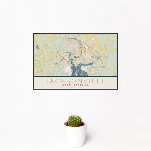 12x18 Jacksonville North Carolina Map Print Landscape Orientation in Woodblock Style With Small Cactus Plant in White Planter