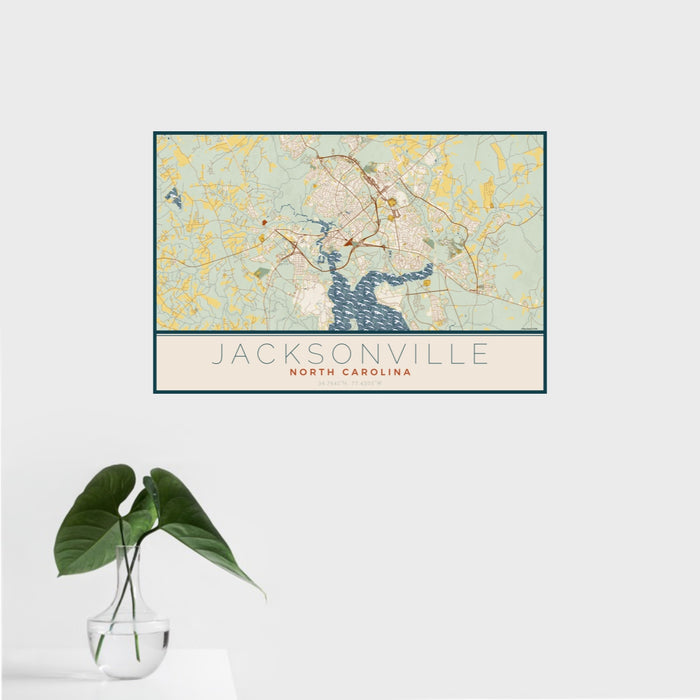 16x24 Jacksonville North Carolina Map Print Landscape Orientation in Woodblock Style With Tropical Plant Leaves in Water