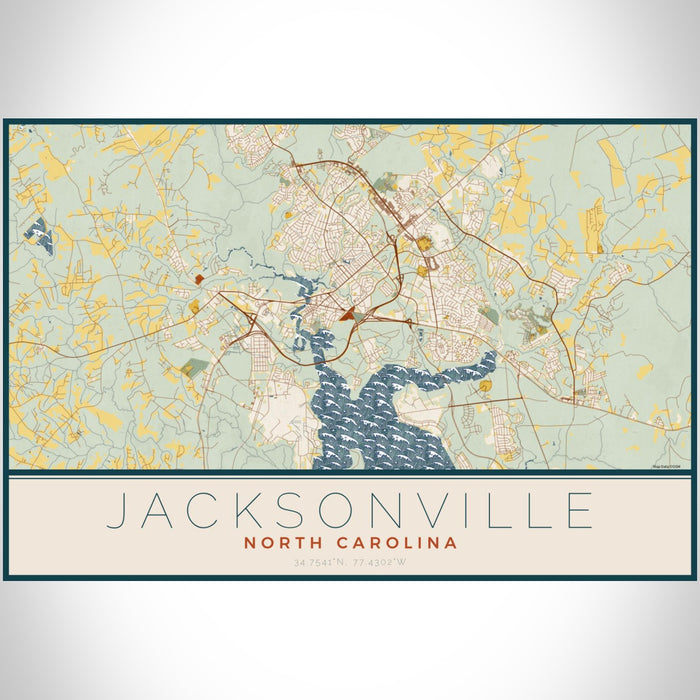 Jacksonville North Carolina Map Print Landscape Orientation in Woodblock Style With Shaded Background
