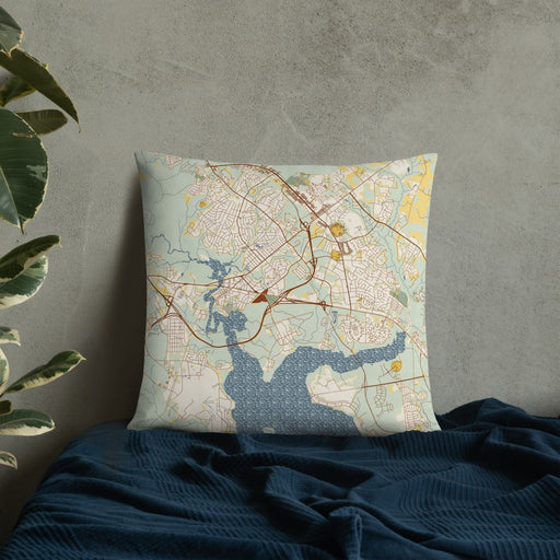 Custom Jacksonville North Carolina Map Throw Pillow in Woodblock on Bedding Against Wall