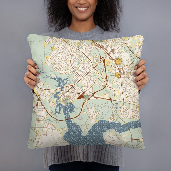 Person holding 18x18 Custom Jacksonville North Carolina Map Throw Pillow in Woodblock