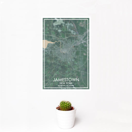 12x18 Jamestown New York Map Print Portrait Orientation in Afternoon Style With Small Cactus Plant in White Planter