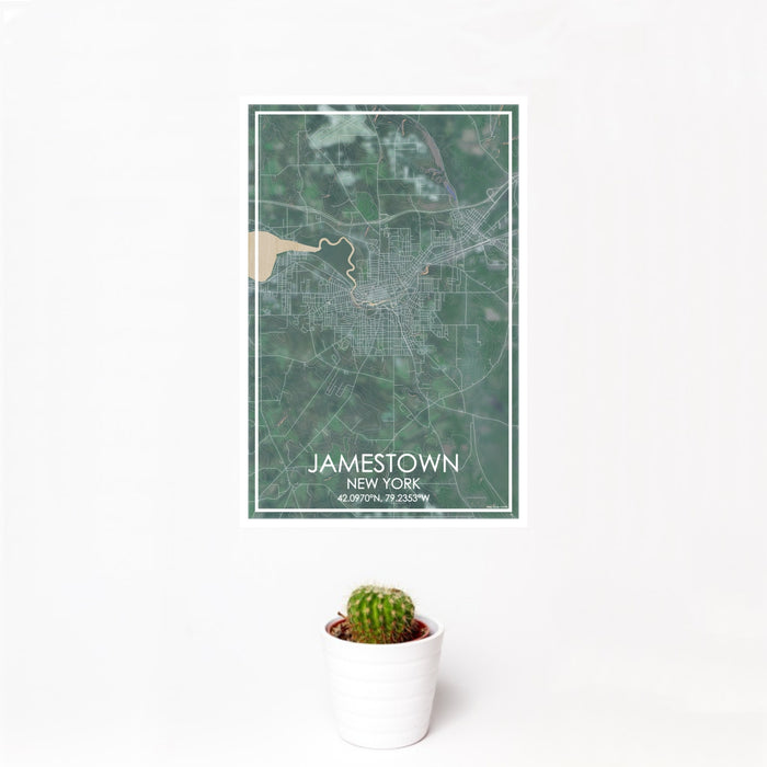 12x18 Jamestown New York Map Print Portrait Orientation in Afternoon Style With Small Cactus Plant in White Planter