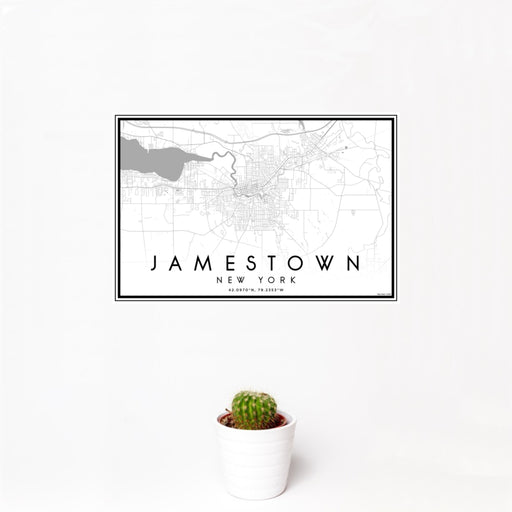 12x18 Jamestown New York Map Print Landscape Orientation in Classic Style With Small Cactus Plant in White Planter