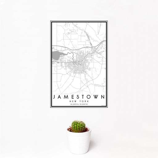 12x18 Jamestown New York Map Print Portrait Orientation in Classic Style With Small Cactus Plant in White Planter