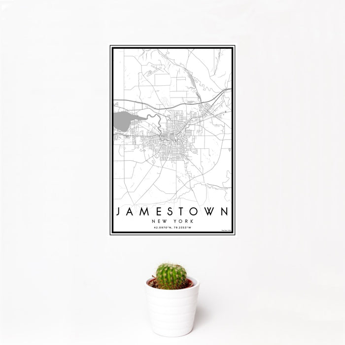 12x18 Jamestown New York Map Print Portrait Orientation in Classic Style With Small Cactus Plant in White Planter