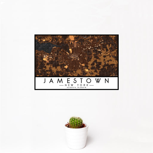 12x18 Jamestown New York Map Print Landscape Orientation in Ember Style With Small Cactus Plant in White Planter