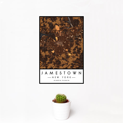 12x18 Jamestown New York Map Print Portrait Orientation in Ember Style With Small Cactus Plant in White Planter