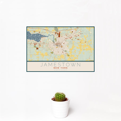 12x18 Jamestown New York Map Print Landscape Orientation in Woodblock Style With Small Cactus Plant in White Planter