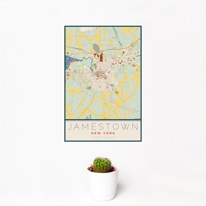 12x18 Jamestown New York Map Print Portrait Orientation in Woodblock Style With Small Cactus Plant in White Planter