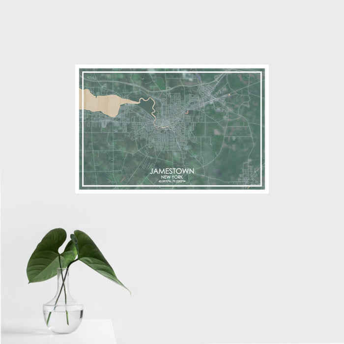 16x24 Jamestown New York Map Print Landscape Orientation in Afternoon Style With Tropical Plant Leaves in Water