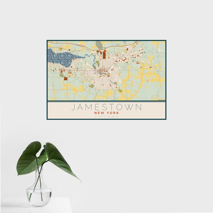 16x24 Jamestown New York Map Print Landscape Orientation in Woodblock Style With Tropical Plant Leaves in Water
