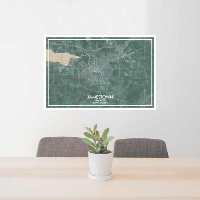 24x36 Jamestown New York Map Print Lanscape Orientation in Afternoon Style Behind 2 Chairs Table and Potted Plant