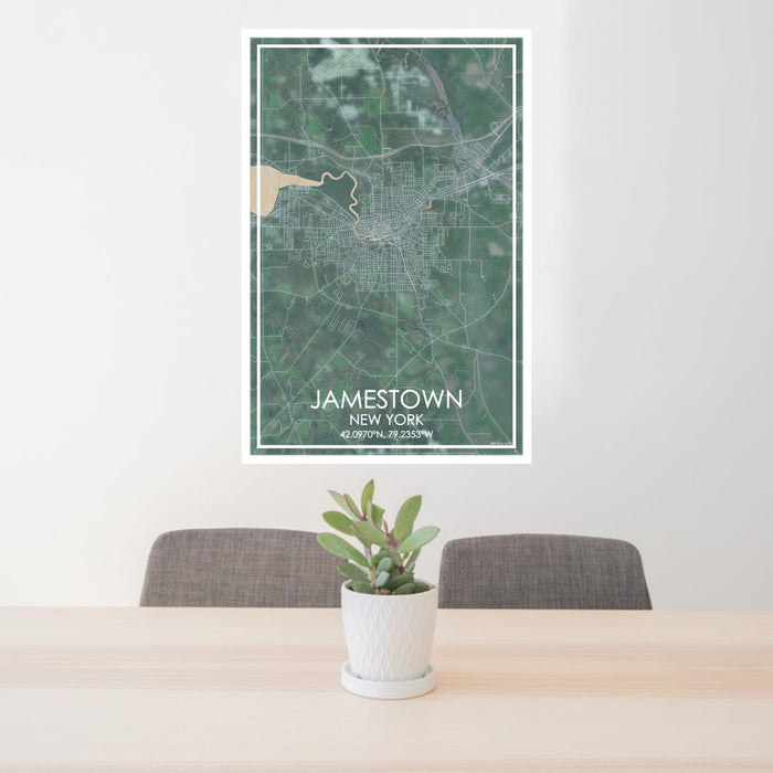 24x36 Jamestown New York Map Print Portrait Orientation in Afternoon Style Behind 2 Chairs Table and Potted Plant