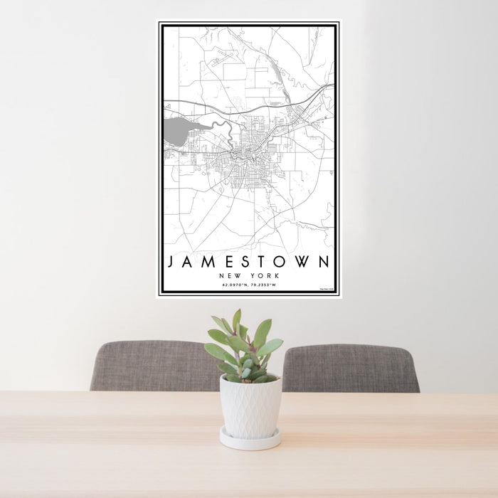 24x36 Jamestown New York Map Print Portrait Orientation in Classic Style Behind 2 Chairs Table and Potted Plant