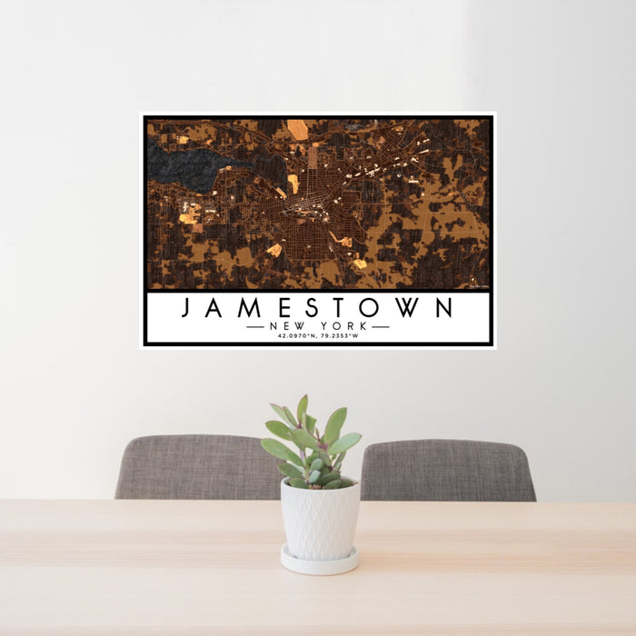 24x36 Jamestown New York Map Print Lanscape Orientation in Ember Style Behind 2 Chairs Table and Potted Plant
