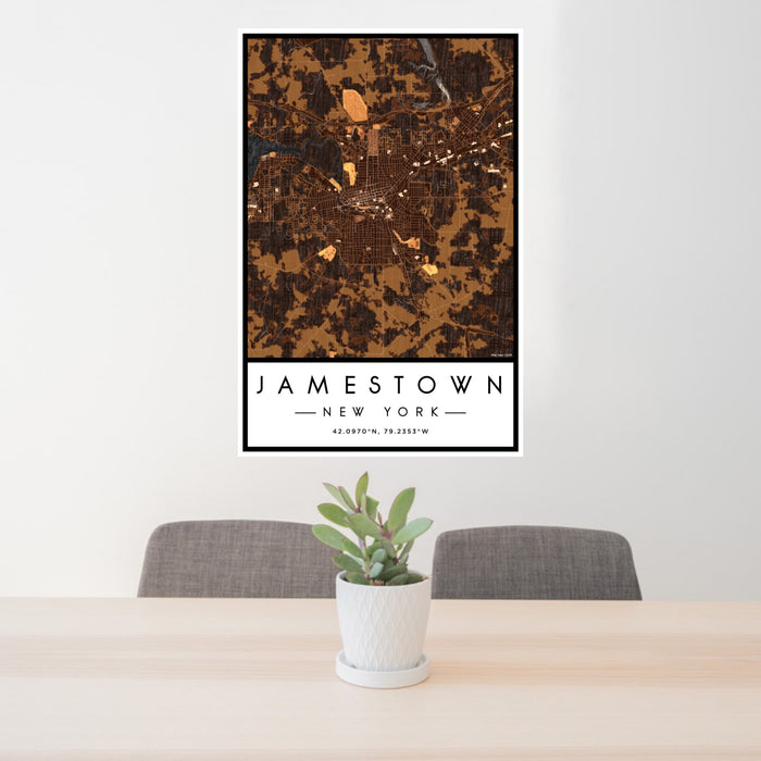 24x36 Jamestown New York Map Print Portrait Orientation in Ember Style Behind 2 Chairs Table and Potted Plant