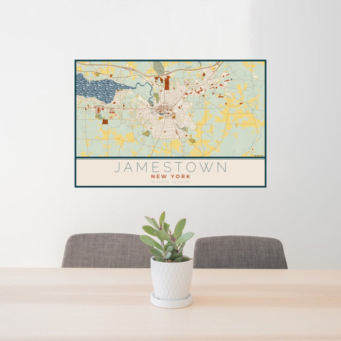 24x36 Jamestown New York Map Print Lanscape Orientation in Woodblock Style Behind 2 Chairs Table and Potted Plant