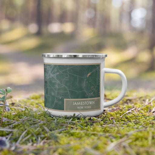 Right View Custom Jamestown New York Map Enamel Mug in Afternoon on Grass With Trees in Background