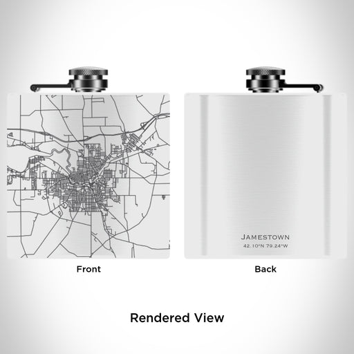 Rendered View of Jamestown New York Map Engraving on 6oz Stainless Steel Flask in White