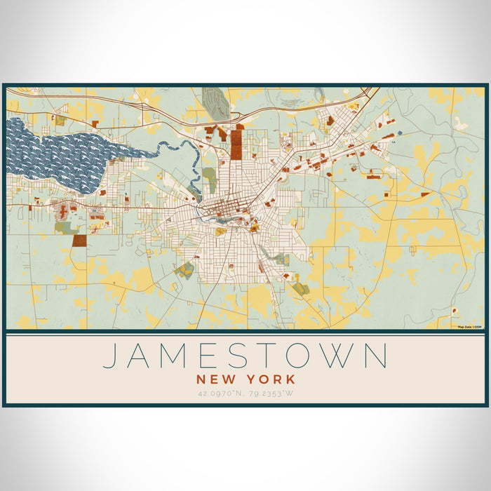 Jamestown New York Map Print Landscape Orientation in Woodblock Style With Shaded Background