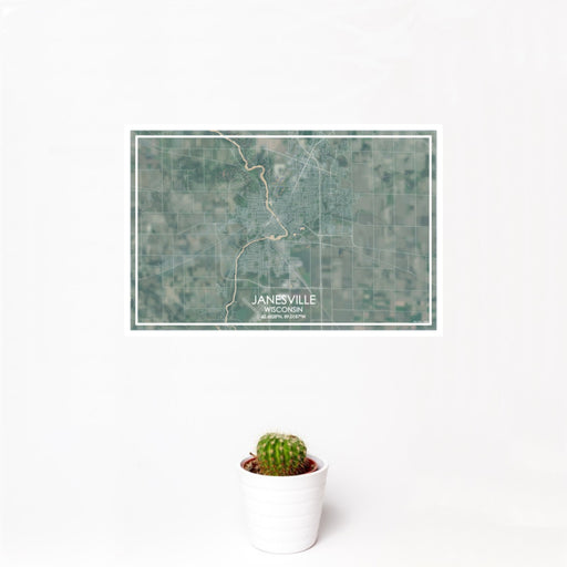 12x18 Janesville Wisconsin Map Print Landscape Orientation in Afternoon Style With Small Cactus Plant in White Planter