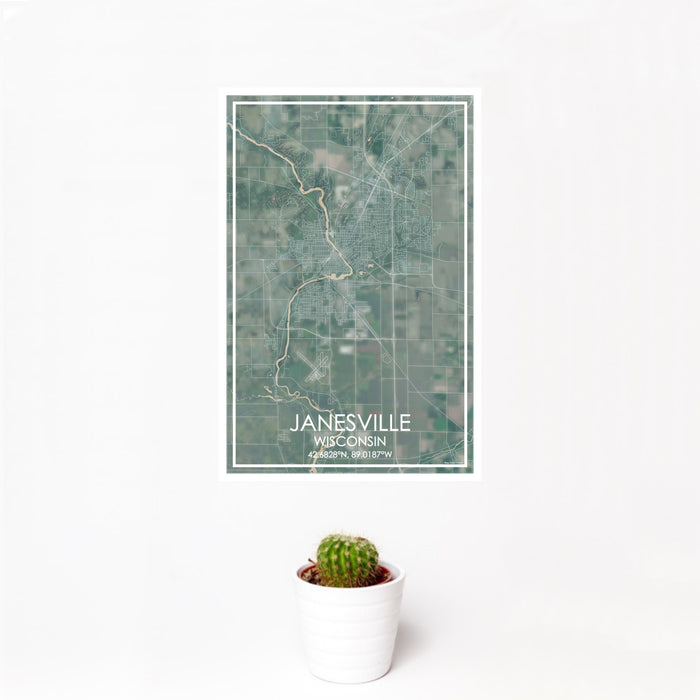 12x18 Janesville Wisconsin Map Print Portrait Orientation in Afternoon Style With Small Cactus Plant in White Planter