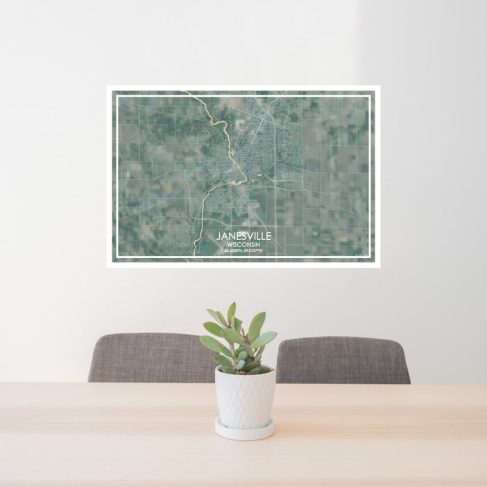 24x36 Janesville Wisconsin Map Print Lanscape Orientation in Afternoon Style Behind 2 Chairs Table and Potted Plant