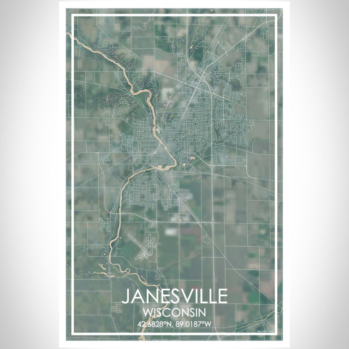 Janesville Wisconsin Map Print Portrait Orientation in Afternoon Style With Shaded Background
