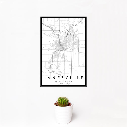 12x18 Janesville Wisconsin Map Print Portrait Orientation in Classic Style With Small Cactus Plant in White Planter