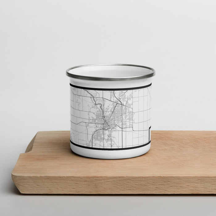 Front View Custom Janesville Wisconsin Map Enamel Mug in Classic on Cutting Board