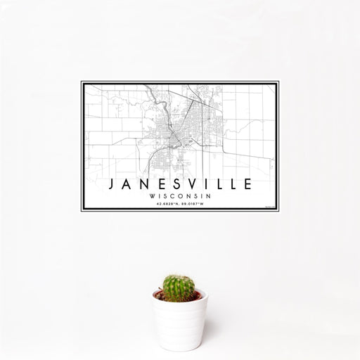 12x18 Janesville Wisconsin Map Print Landscape Orientation in Classic Style With Small Cactus Plant in White Planter