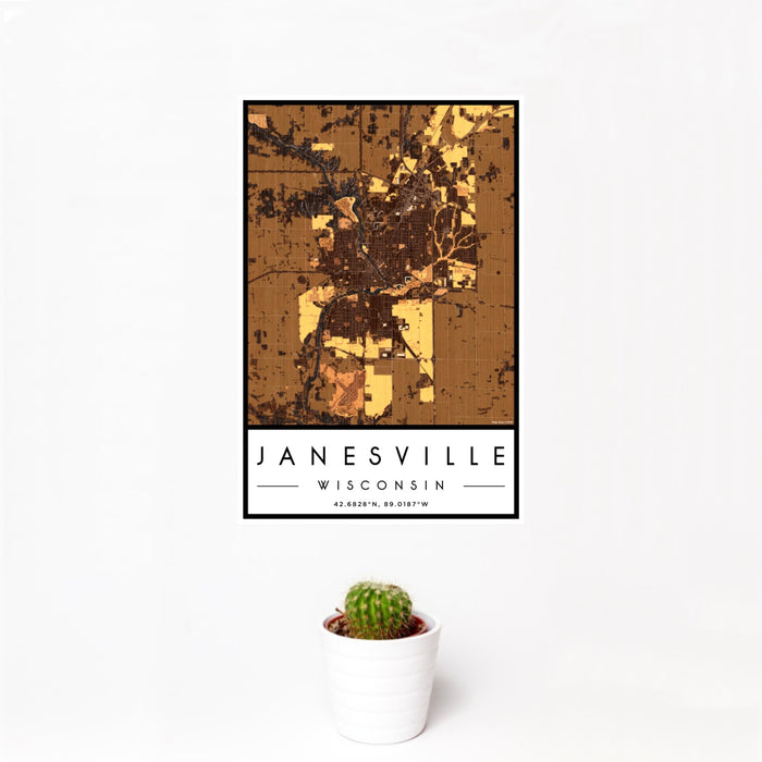 12x18 Janesville Wisconsin Map Print Portrait Orientation in Ember Style With Small Cactus Plant in White Planter