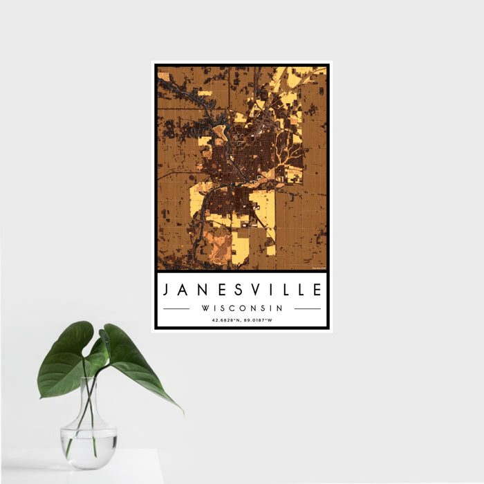 16x24 Janesville Wisconsin Map Print Portrait Orientation in Ember Style With Tropical Plant Leaves in Water