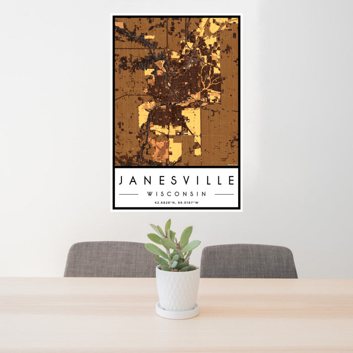 24x36 Janesville Wisconsin Map Print Portrait Orientation in Ember Style Behind 2 Chairs Table and Potted Plant