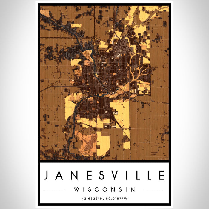 Janesville Wisconsin Map Print Portrait Orientation in Ember Style With Shaded Background
