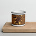 Front View Custom Janesville Wisconsin Map Enamel Mug in Ember on Cutting Board