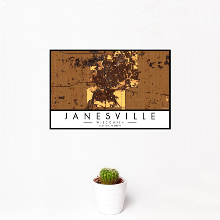 12x18 Janesville Wisconsin Map Print Landscape Orientation in Ember Style With Small Cactus Plant in White Planter