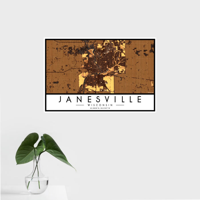 16x24 Janesville Wisconsin Map Print Landscape Orientation in Ember Style With Tropical Plant Leaves in Water