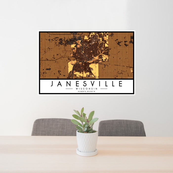 24x36 Janesville Wisconsin Map Print Landscape Orientation in Ember Style Behind 2 Chairs Table and Potted Plant