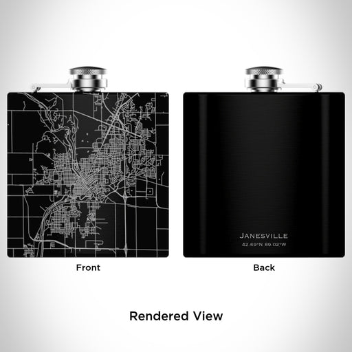 Rendered View of Janesville Wisconsin Map Engraving on 6oz Stainless Steel Flask in Black