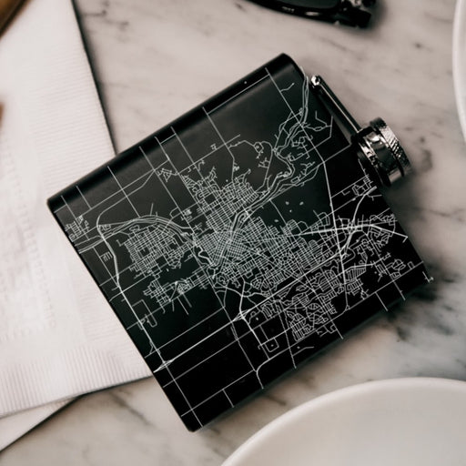 Janesville Wisconsin Custom Engraved City Map Inscription Coordinates on 6oz Stainless Steel Flask in Black