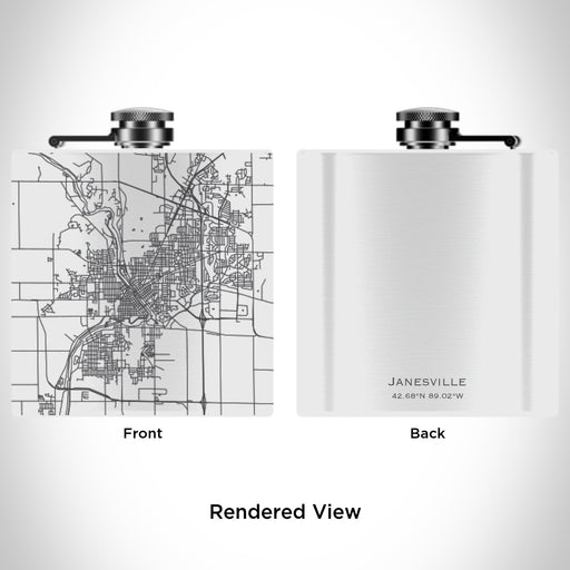 Rendered View of Janesville Wisconsin Map Engraving on 6oz Stainless Steel Flask in White